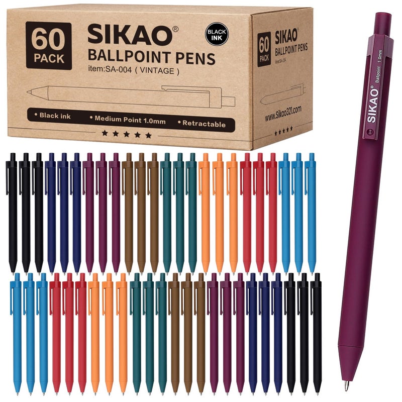 Sikao Pens Bulk, 60 Pack Vintage Ballpoint Pens with Black Ink, 1.0mm Medium Point Smooth Writing, Click Pens 8 Calm Vintage Colors for Teachers, Students, School & Office Supplies - Image 1